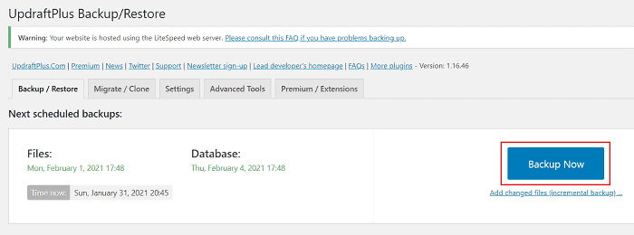 UpdraftPlus backup