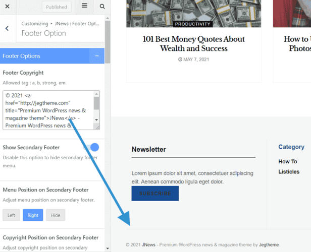 Remove copyright text wordpress