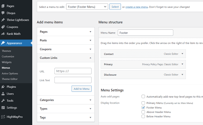 footer menu wordpress