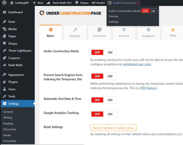 Under construction page wordpress