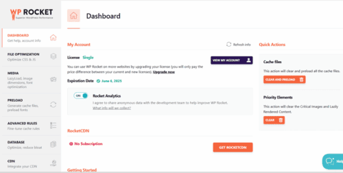 wp rocket dashboard