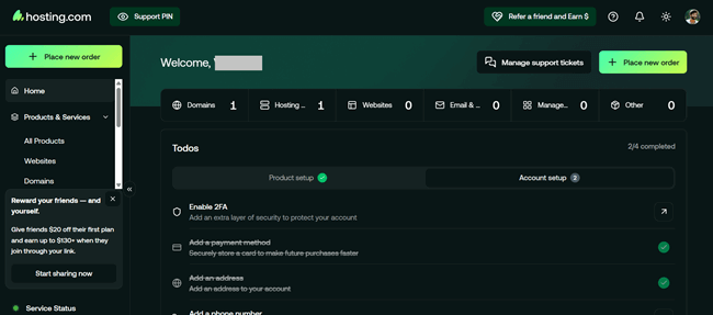 hosting com dashboard